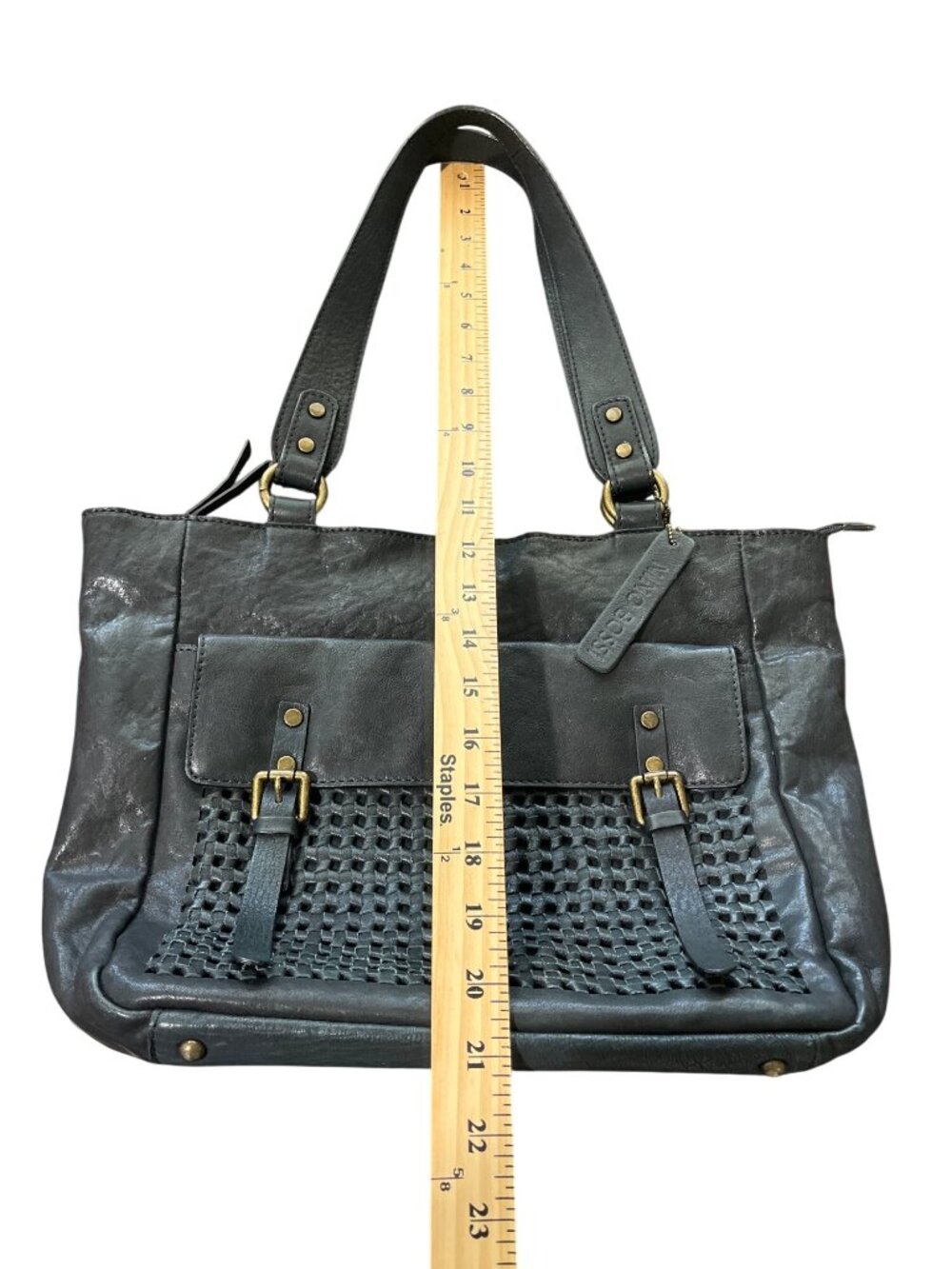 Nino Bossi Black Leather Tote Bag With Woven Front Pocket & Brass Accents - Picture 7 of 8